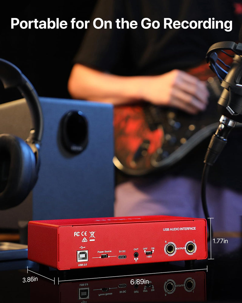 2i2 USB-C Audio Interface for PC/Mac Recording, 24-bit/192kHz, Dual TS/XLR Inputs, +48V Phantom Power, Studio/Podcast/Streaming (Scarlet) Scarlet (B-002)