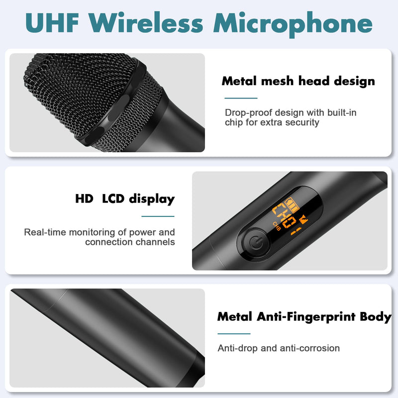Wireless Two Microphone System with Dual-Channel Receiver, Professional UHF Metal Dual Handheld Cordless Dynamic Mic, 160 ft Range, Microphone for Karaoke, Party Singing, Lecture, DJ, Wedding