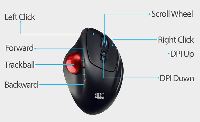 Adesso iMouse T30 Wireless Ergonomic Thumb Trackball Mouse with Nano USB Receiver, Programmable 7 Button Design, and 5 Level DPI Switch