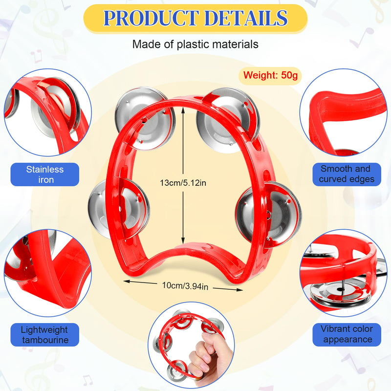 12 Pcs Plastic Percussion Tambourine with 4 Bells Rhythm Musical Instruments for Adults Hand Tambourine Hand Held Percussion Drum for Party Kindergarten Family School Supplies (Red) Red
