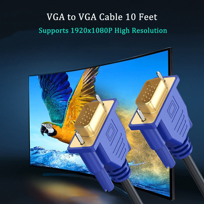 VGA to VGA Cable 10FT, VGA Cord for Computer Monitor Gold-Plated SVGA Cable 1080P HD15 Male to Male 1