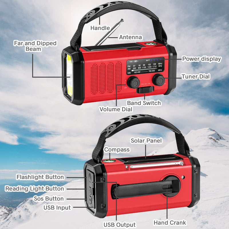 Emergency Radio,10000mAh Solar Radio, Hand Crank Radio, NOAA/AM/FM Weather Radio, USB Type-C Charging,Dynamo Radio,Polymer Battery,Torch & LED Reading Light, SOS Alarm,Compass for Camping Red