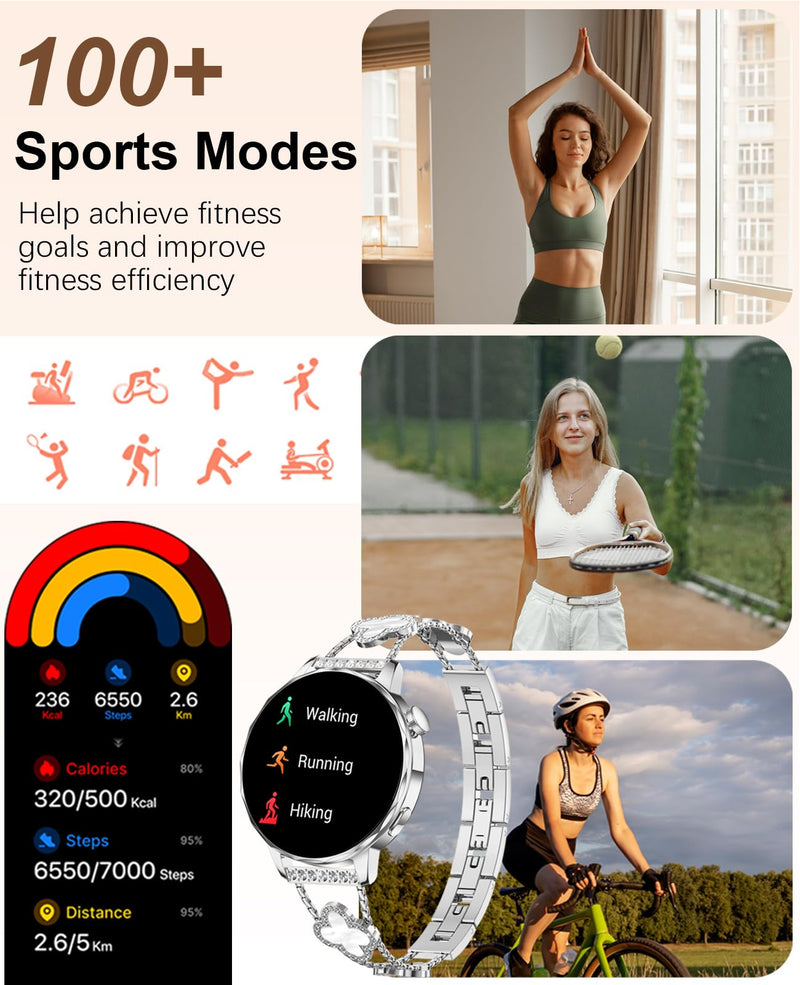 Smart Watch for Women 1.27" HD Touch Screen Fitness Watch,Bluetooth Call&Message Notifications Heart Rate/Sleep Monitor Smartwatch, IP68 Waterproof 100+ Sport Modes (Silver RT-220) Silver RT-220