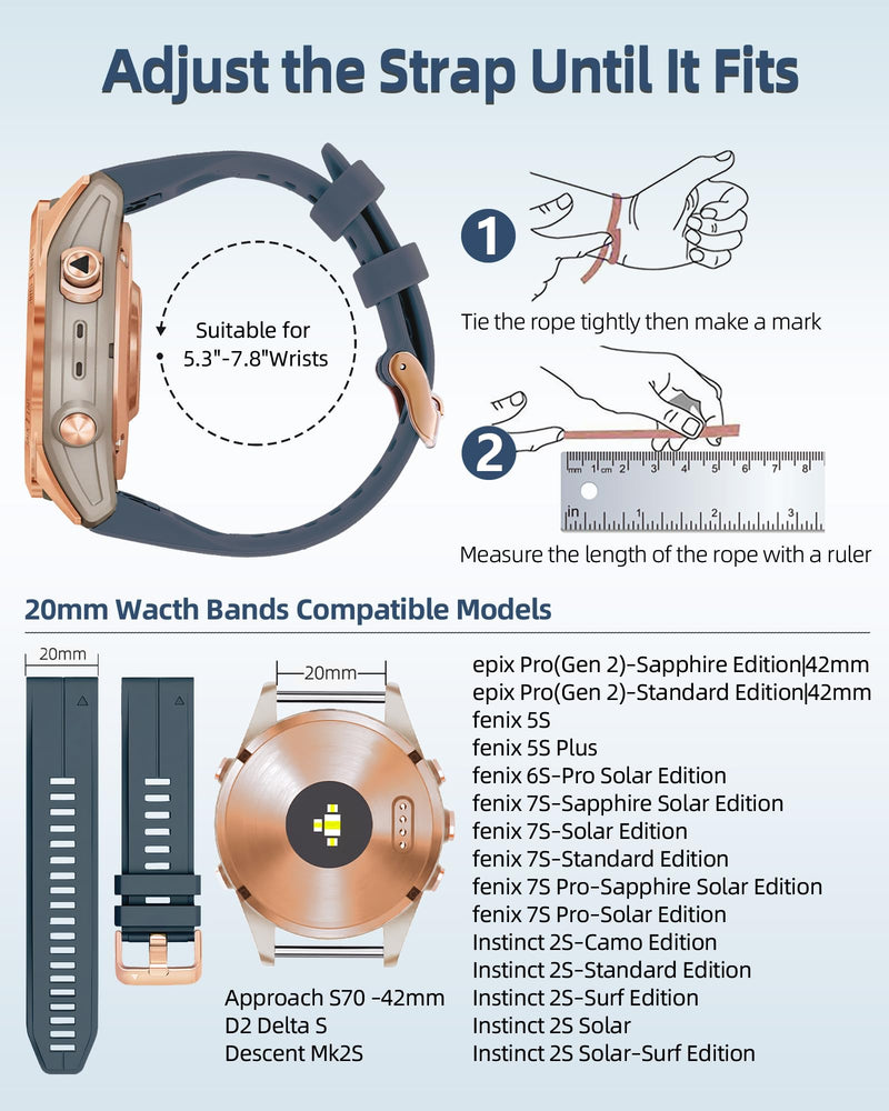 20mm Watch Band Replacement for Garmin fenix 5S/5S Plus/6S/7S/Instinct 2S/D2，Quick Fit silicone with rosegold buckle, BLACK and CAPTAINBLUE Bundle