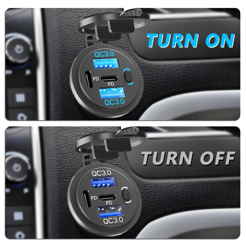 2PCS,Dual PD USB C Ports & Dual USB Quick Charge 3.0 Ports 12V USB Outlet with Switch, VANONE Waterproof and Dustproof Car Charger Socket, Accessories for Car Boat Marine Motorcycle RV ATV Golf Cart 2PCS-4PORT1SWITCH