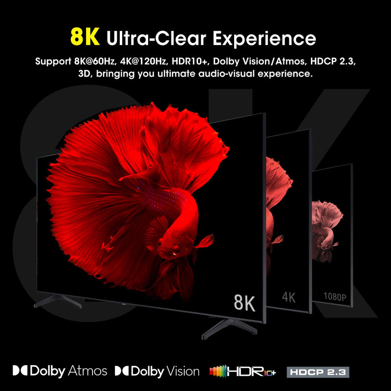 ROOFULL 4 Ports 8K HDMI 2.1 Switch 4 in 1 Out 8K@60Hz 4K@120Hz HDMI Switcher Selector with Remote Support Auto-Switching 48Gbps HDR 10+ Dolby Vision/Atmos HDCP 2.3 CEC Z-Black (8K)