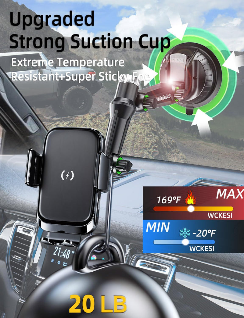 Wireless Car Charger Phone Mount Holder for Truck, 15W Fast Charging | 10-Inch Long Arm, Auto Clamping Phone Holders, Trucks and Large SUVs for Dash Windshield Mount, for iPhone 17 16 15 Samsung truck-charger