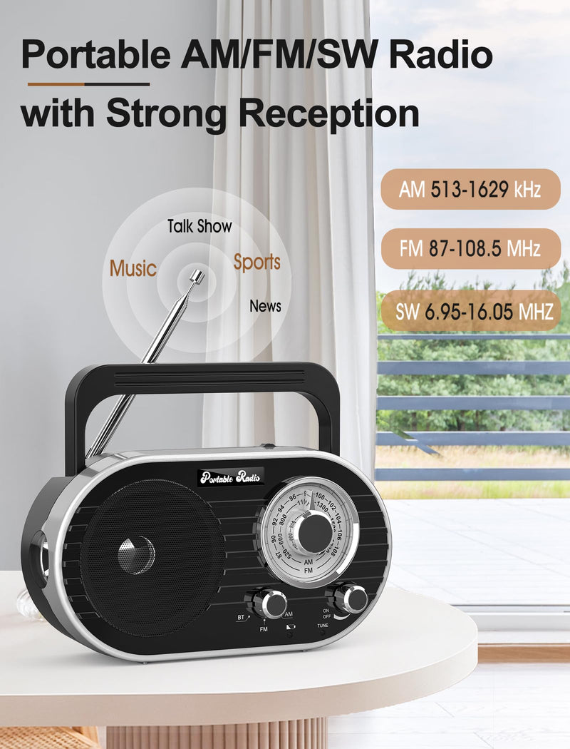 [AUSTRALIA] - Portable AM FM SW Radio with Bluetooth,4000mAh Rechargeable Radio with Big Speaker,Flashlight,Large Knob,Earphone Jack,4 AA Battery Operated Radio,Transistor Radio with Best Reception for Home&Outdoor 