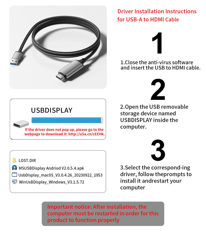 Reborn USB to HDMI Adapter Cable 10FT, 1080P@60Hz USB 3.0 to HDMI Multi-Display Cable Converter Suitable for Macos Windows 7/8/10/11 - Driver Installation is Required (Pack of 2) 10FT (Pack of 2)