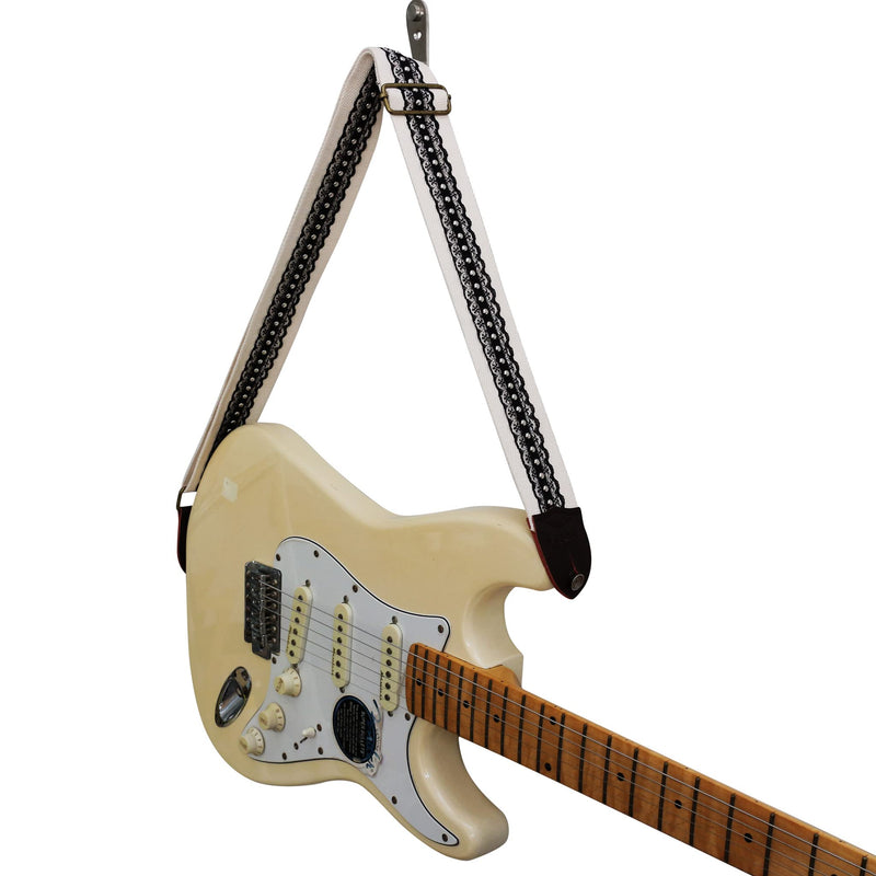 MUSIC FIRST Original Design, 2 inch width (5cm), Black Cool & Vintage Style Black Lace with Metal Rivets Soft Lace & Genuine Leather Delux Electric Guitar Strap Bass Strap