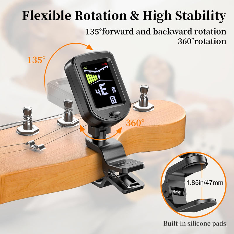 New Bee Clip-On Guitar Tuner Rechargeable with Color Screen 360° Rotatable Chromatic Tuner for Guitar, Bass, Ukulele, Violin (Black, 2 Pack) Black