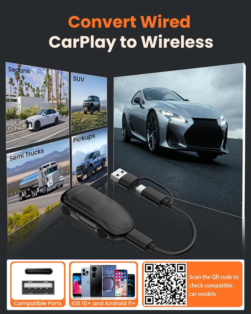 Wireless CarPlay & Android Auto Adapter – Classic Mini Car Shape, Converts Wired to Wireless, Plug & Play, Auto-Reconnect, OTA Update, Compatible with iPhone & Android (C1)