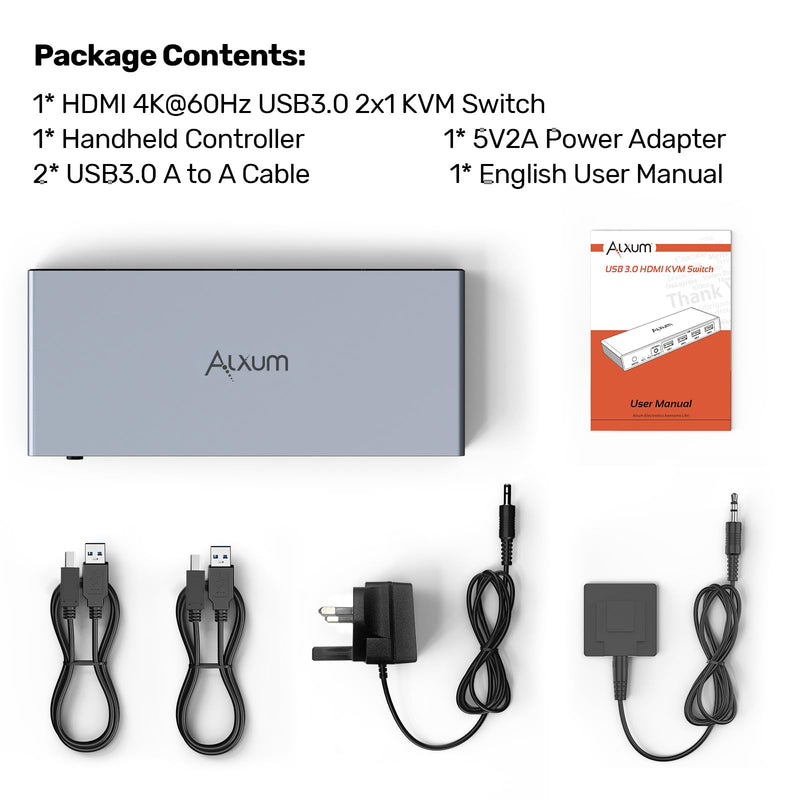 Alxum HDMI KVM Switch 1 Monitor 2 Computers KVM Switcher with Audio Jack | 4K@60Hz 2 PC 1 Monitor KVM Switch Dual HDMI 4 USB Ports for Keyboard Mouse Printer,5Gbps Button/Remote Control Power Delivery Gray
