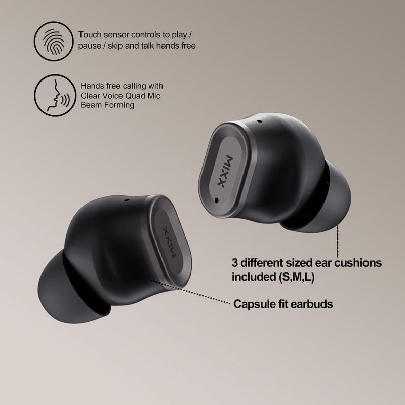 MIXX StreamBuds Custom 1 True Wireless Earbuds – 24hr Battery, Touch Controls, App EQ, Digital Display, Hands-Free Calling, Quick Charge – Zinc Alloy Case, Bluetooth 5.3, 3 Sizes - Black