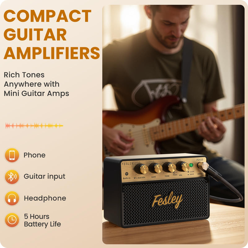 Fesley Mini Guitar Amp: 10W Portable Recharged Guitar Amplifier, Bluetooth Amp with Clean and Drive Channels, Mini Amplificador for Practice with 3.5mm Headphone Output, FGA10
