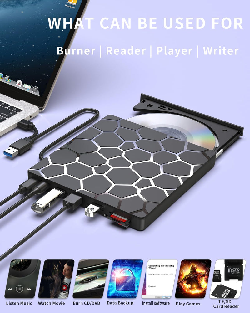 8 in 1 External CD DVD Drive USB 3.0 and Type-C Disc Reader Burner Player | Optical Drive for PC Laptop Desktop MacBook Mac Windows Linux OS Apple 8 in 1
