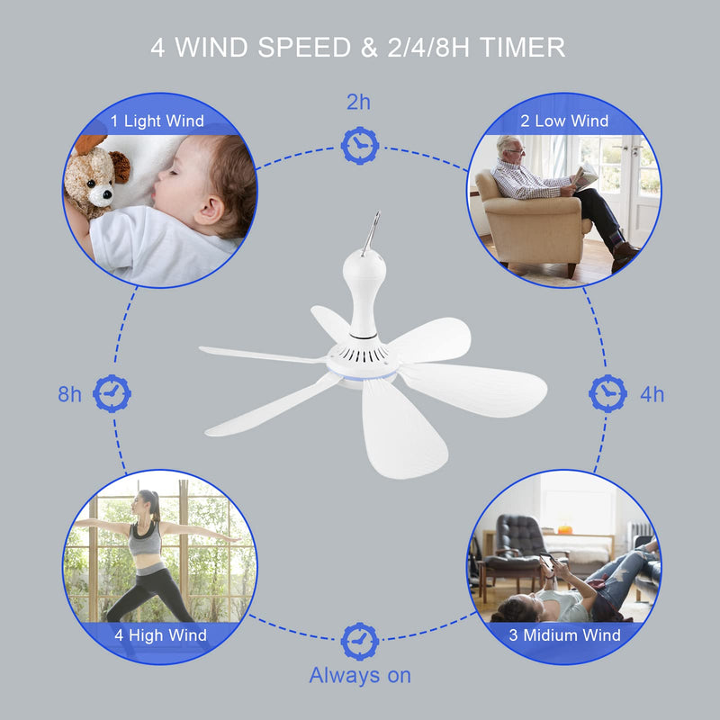 Portable Ceiling Fan USB Powered Canopy Fan with Speed Timer switch, Quiet Small DC USB Ceiling Fan Hanging Fan with 6 Blades for Camping Cruise RV Tent Gazebo Bed Dormitory Home Room