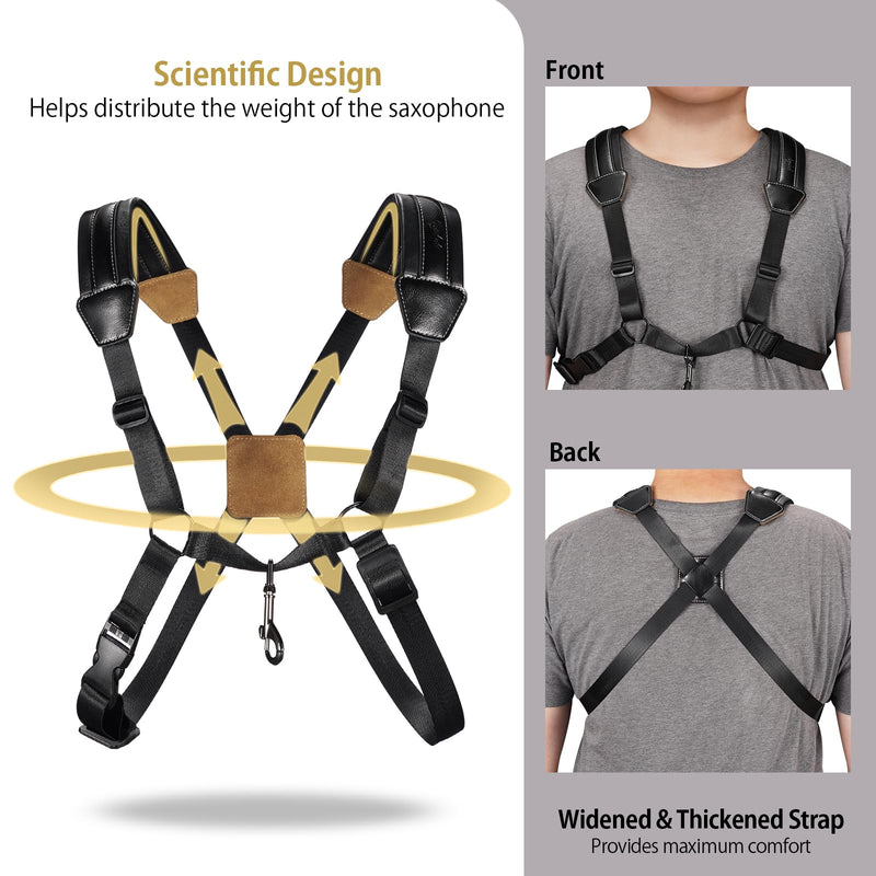 Saxophone Harness, Double Shoulder Adjustable Sax Strap with Soft Leather Padded, Widened & Thickened Design, Good Comfort, Reduce Neck Stress, for Alto/Tenor/Baritone/Soprano Saxophone