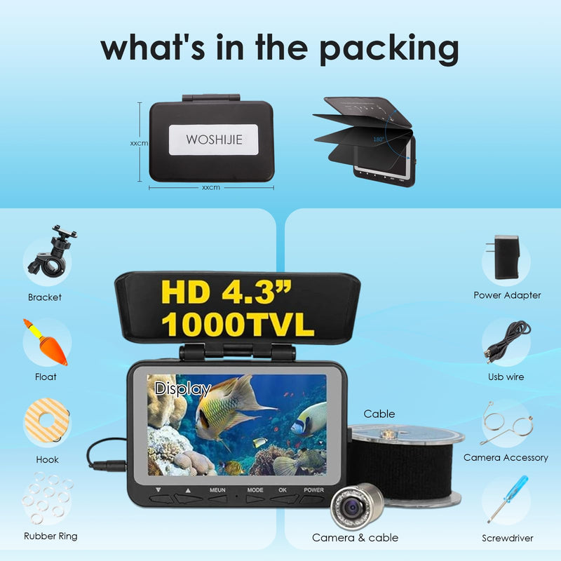 Underwater Fishing Camera, 140-Degrees Wide Angle 1200TVL Fish Finder 4.3" HD Portable Fishing Camera with 9pcs IR Lights for Boat, Lake, Ice Fishing(15M/50ft) 15M/50ft No DVR