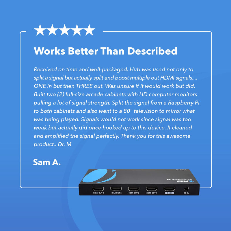 OREI UltraHD 4K @ 60 Hz 1 X 4 HDMI Splitter 1 in 4 Out 4 Port 4: 8-Bit - HDMI 2.0, HDCP 2.0, 18 Gbps, EDID, Duplicate / Mirror 4K Screens - UHDS-104 1x4