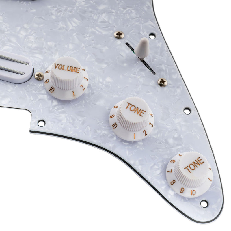 [AUSTRALIA] - Musiclily 11-Hole SSS Prewired Loaded Pickguard with Dual Hot Rail High Output Pickups Set for Fender Squier Strat Electric Guitar, 4Ply White Pearl 