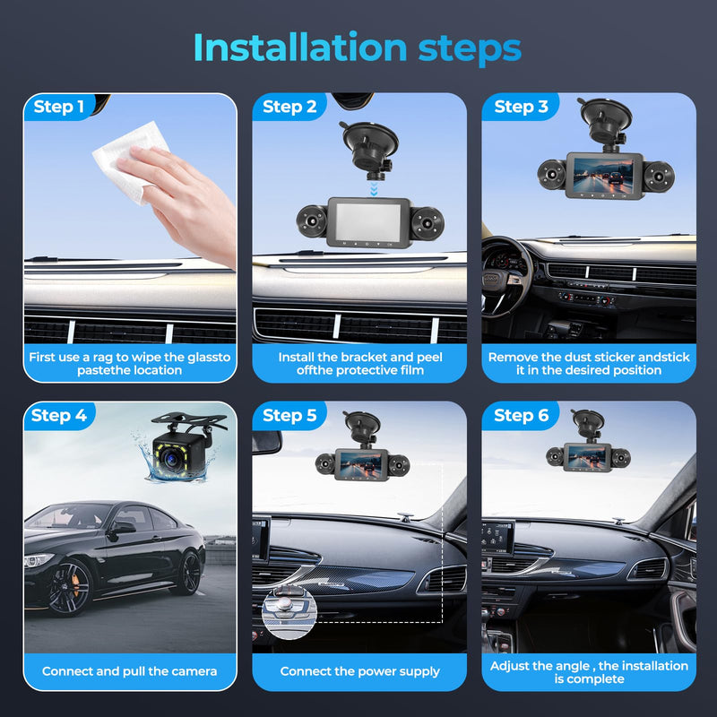 [AUSTRALIA] - 4 Channel Dash Cam 360° View, Include Front & Rear Left Right Camera Support 4 Way Recording, 32GB Card, 3” IPS Screen/Night Vision/WDR/24H Parking/G-Sensor（2G/4G/8G / 3 Split Screen (4 Channel) 