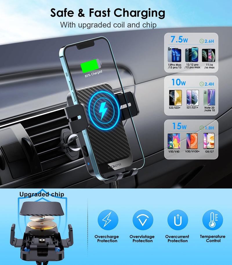 Wireless Car Charger 15W Fast Charging Auto-Clamping Air Vent Phone Mount | Cell Phone Holder Car Charger Compatible with iPhone 17 16 15/14/13/13 Pro/12 pro/12, for Samsung Galaxy Series Black