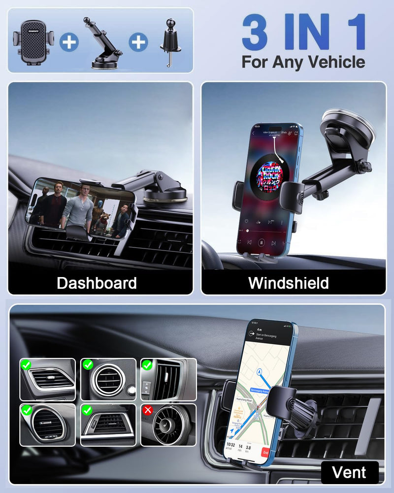 [2026 NEW] Car Phone Holder [Upgraded Strongest Suction & Clip] Cell Phone Mount for Dashboard Windshield Vent,Mobile Stand Base Truck Cradle for iPhone 17 Pro Max 16 15 14 13 12 X Samsung S25 Android
