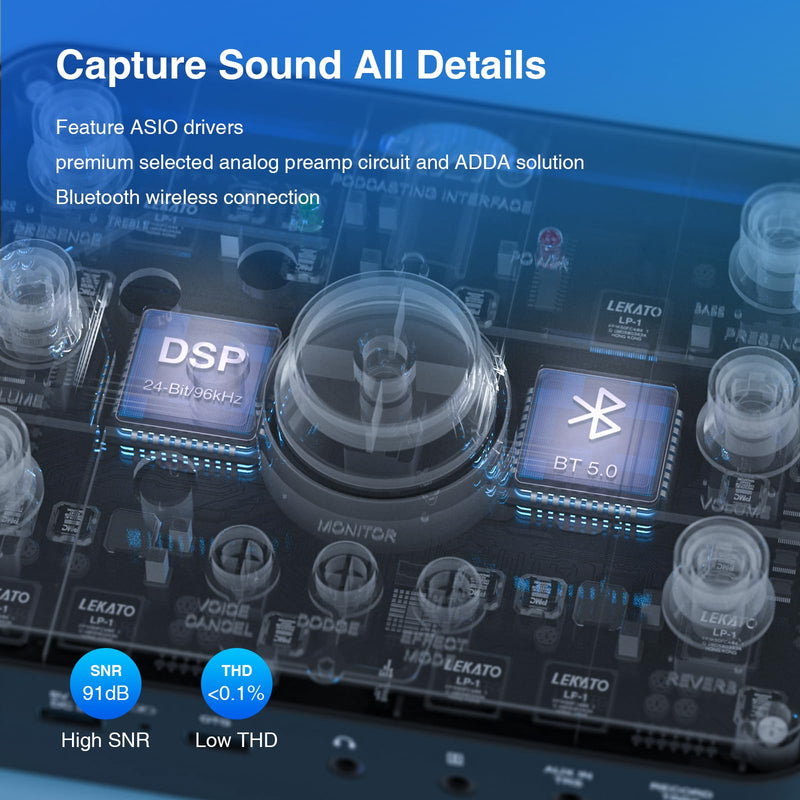 LEKATO Rechargeable Bluetooth Audio Interfaces, USB Audio Interface with XLR Mic, Hi-Z Line, 24bit/96kHz, 48V Phantom Power for Gaming Vocal Streaming Podcast Recording