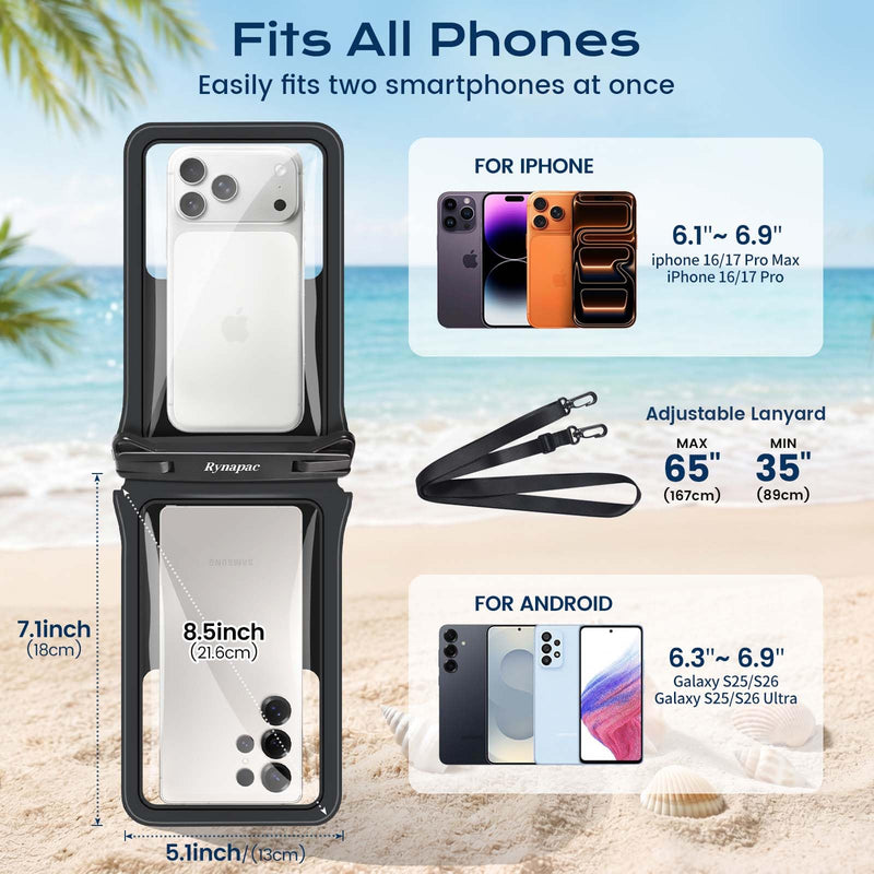 Rynapac Waterproof Phone Pouch 2 Pack, IPX8 Double Space Waterproof Phone Case with Lanyard for iPhone 17/16/15 Pro Max, Galaxy S26 Ultra, Cell Phone Dry Bag for Beach Cruise Essentials, Up to 8.5’’ Black+Green