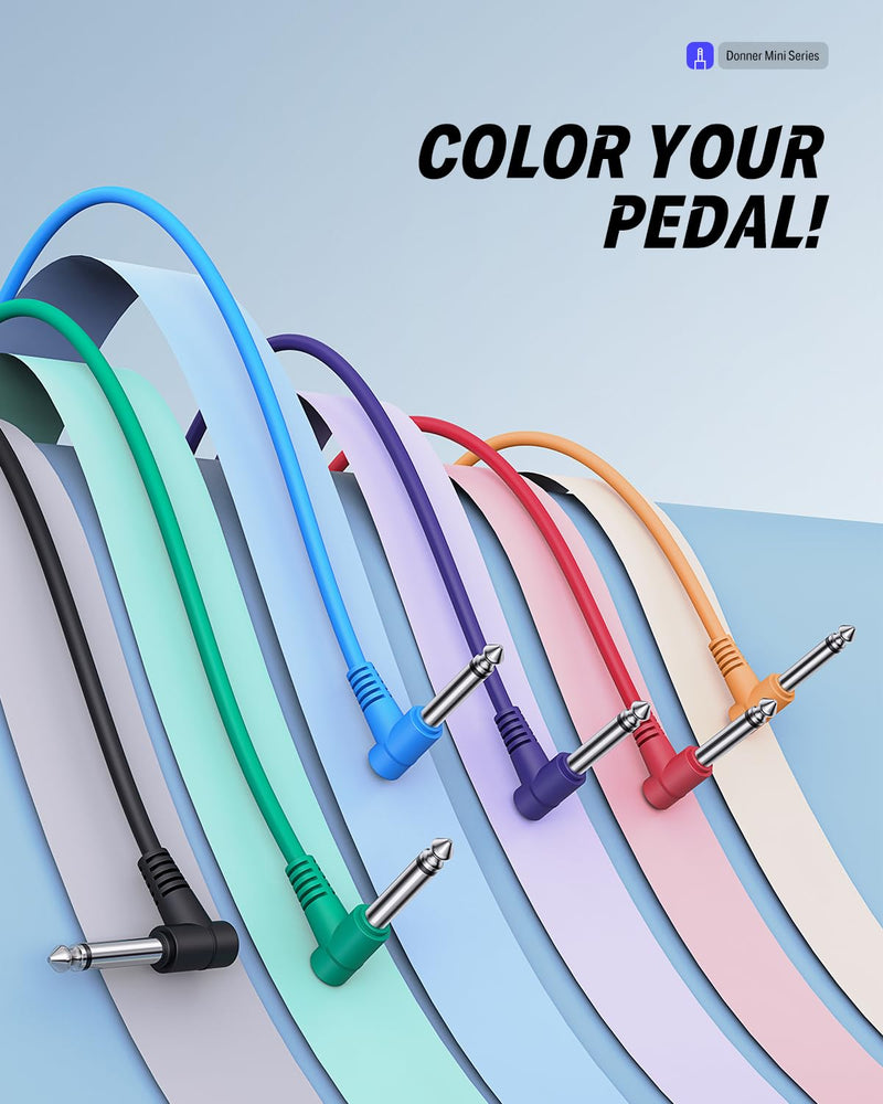 Donner 6 Inch Guitar Patch Colored Cable 6-Pack, TS 1/4" Right Angle to TS 1/4" Right Angle 6 Inch-6 Pack Multicolored