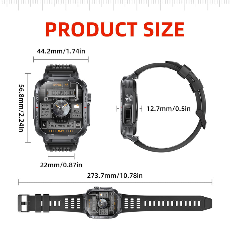 Military Smart Watch Sport Fitness Tracker, with LED Flashlight, 3ATM Waterproof, Answer/Make Calls Message Notification,Heart Rate Blood Oxygen Sleep Monitor, 2.02“ Big Screen, for iPhone/Android