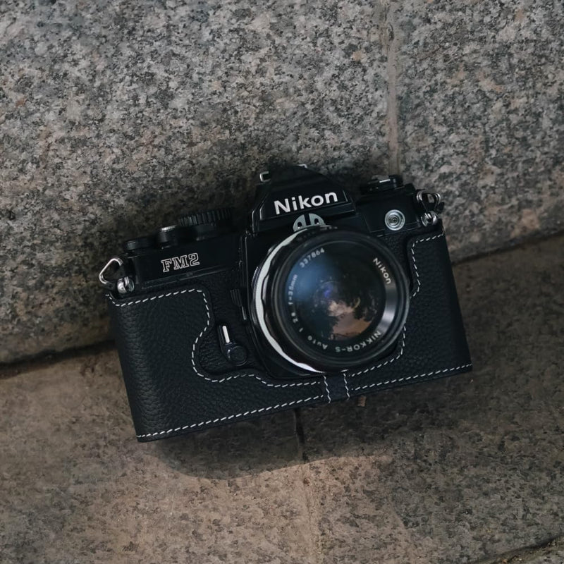 FM2 half case,Handmade Genuine Real Leather Half Camera Case Bag for Nikon FM2 FM2n FE2 (Black) Black