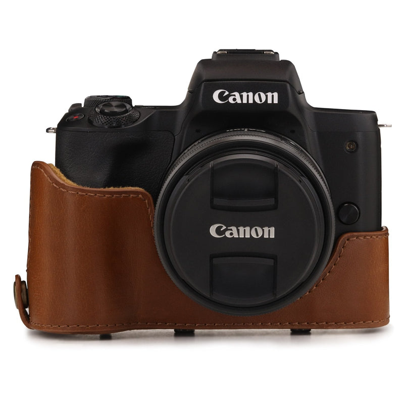 MegaGear Canon EOS M50 Leather Camera Case - Premium PU Leather Protective Cover, Ever Ready Design with Battery Access - 15-45mm Lens - Light Brown