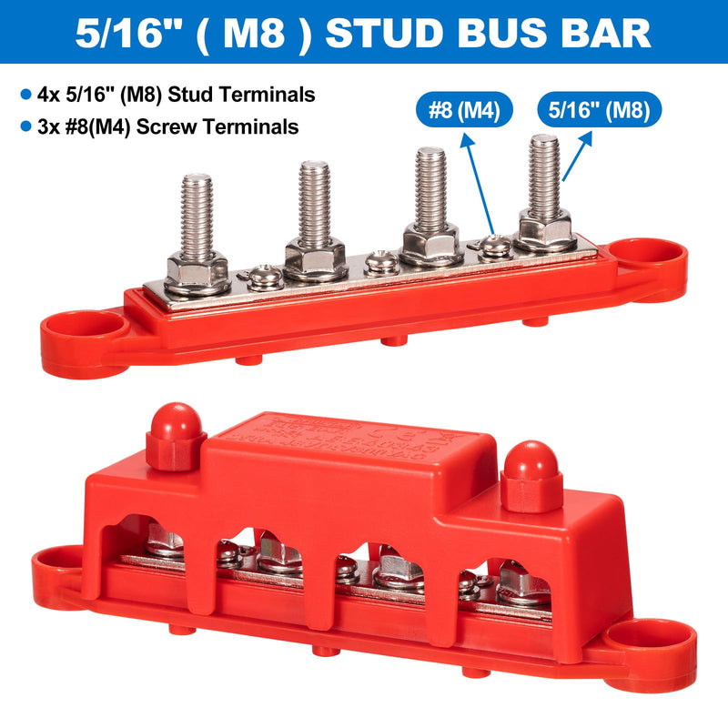 [AUSTRALIA] - Spurtar 12V Bus Bar 12V Power Distribution Block with 4X 5/16'' M8 Terminal Studs, 3X #8 M4 Screws Bus Bar Terminal Block 12V 24V 48V 250A for Car Truck RV ATV Boat Trailer Red Black Pair 4x 5/16'' M8 Posts - 3#8 Screws 