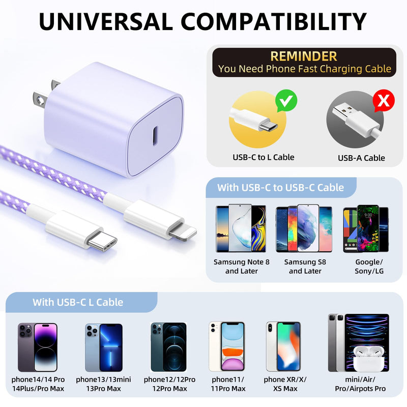 [AUSTRALIA] - Phone Charger Fast Charging, 4 Pack 20W USB C Wall Charger Block with 6FT Charging Cable for Phone Fast Charger Compatible with Phone 14/14 Pro Max/13/13 Pro/12/12 Pro/11/11 Pro/XS, Pad and More 
