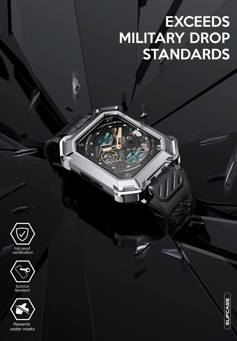 SUPCASE for Apple Watch 9/8/7/6/5/4/SE Case with Band 45mm/44mm, Silver | Metal Bumper, Adjustable Strap, Heavy Duty Protection, Scratch-resistant, Sport Style for Men, Unicorn Beetle Pro XT