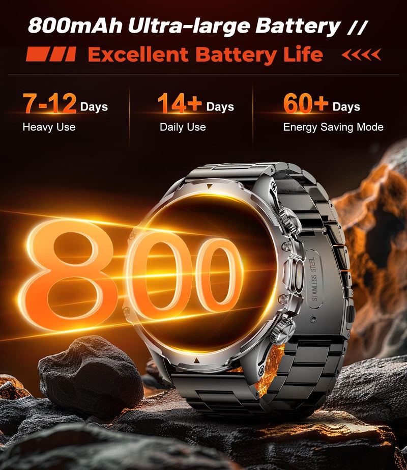 Military Smart Watch for Men, 1.85'' HD Large Screen Smartwatch, 800mAh/LED Flashlight/IP68 Waterproof/Pedometer/100+ Sports Fitness Tracker, Mens Smart Watches for Android iOS, Black