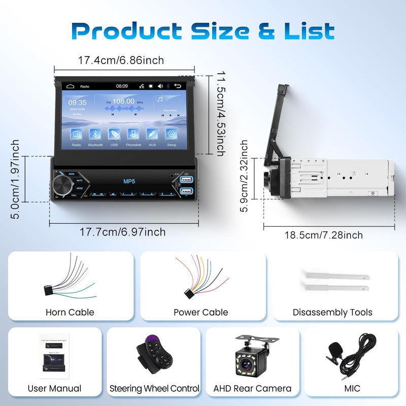 Single Din Flip Out Car Stereo Bluetooth 7 Inch Retractable Touch Screen Car Radio 1 Din Mirror Link/FM/EQ USB/Type-C/AUX SWC, Car Audio Receiver MP5 Multimedia Player with Backup Camera