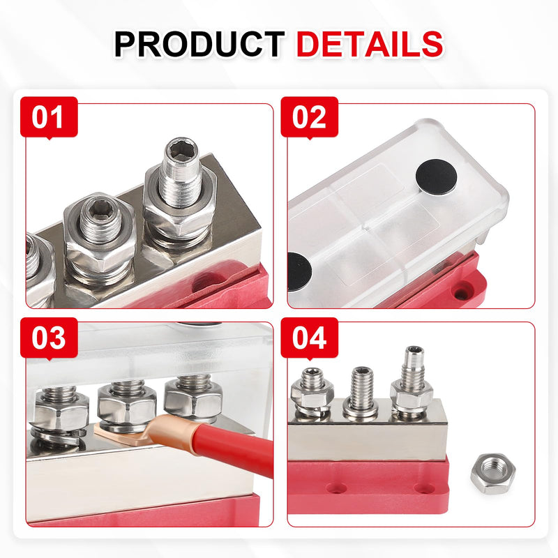 600A Power Distribution Block with Cover 4 x 3/8" (M10) Studs Bus Bar Terminal Block Max 48V for Automotive Car Boat (Red) 600A 4 x 3/8"(M10) Studs-Red