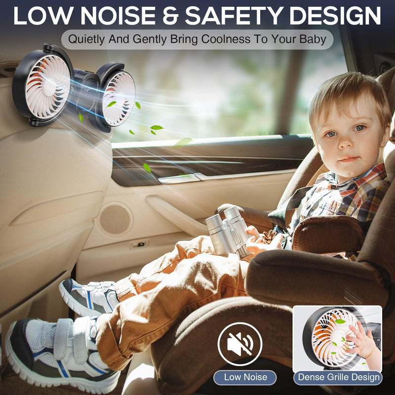Dealswin Rechargeable Car Fan for Back Seat, Battery and USB Dual Power Car Fans for Baby Kids, Powerful 3 Speeds 360° Rotatable Dual Head Cooling Car Seat Fan Large