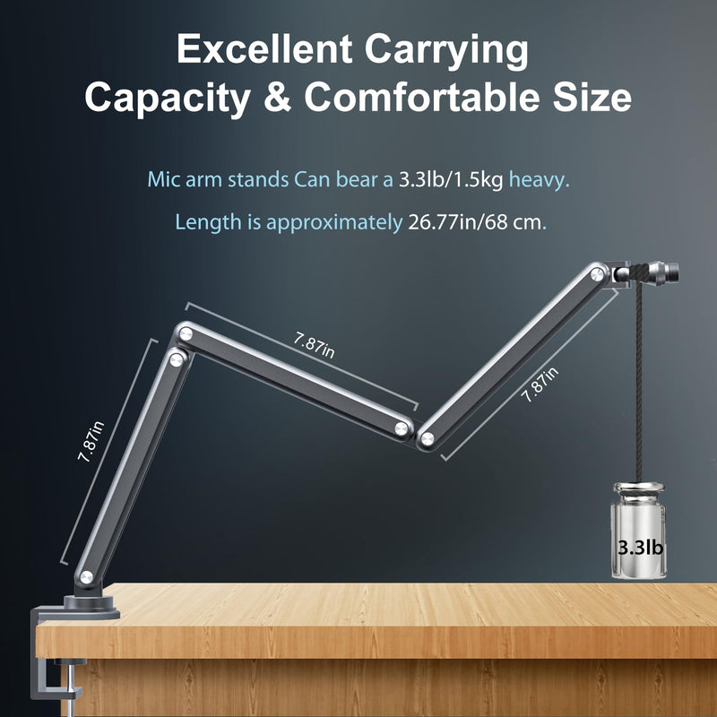 FULAIM Boom Mic Arm, 360° Rotatable, Adjustable & Foldable Desk Microphone Arm Stand, Sturdy Aluminum Alloy Mic Arm for Podcast, Video, Gaming, Meeting, Radio, Studio gray