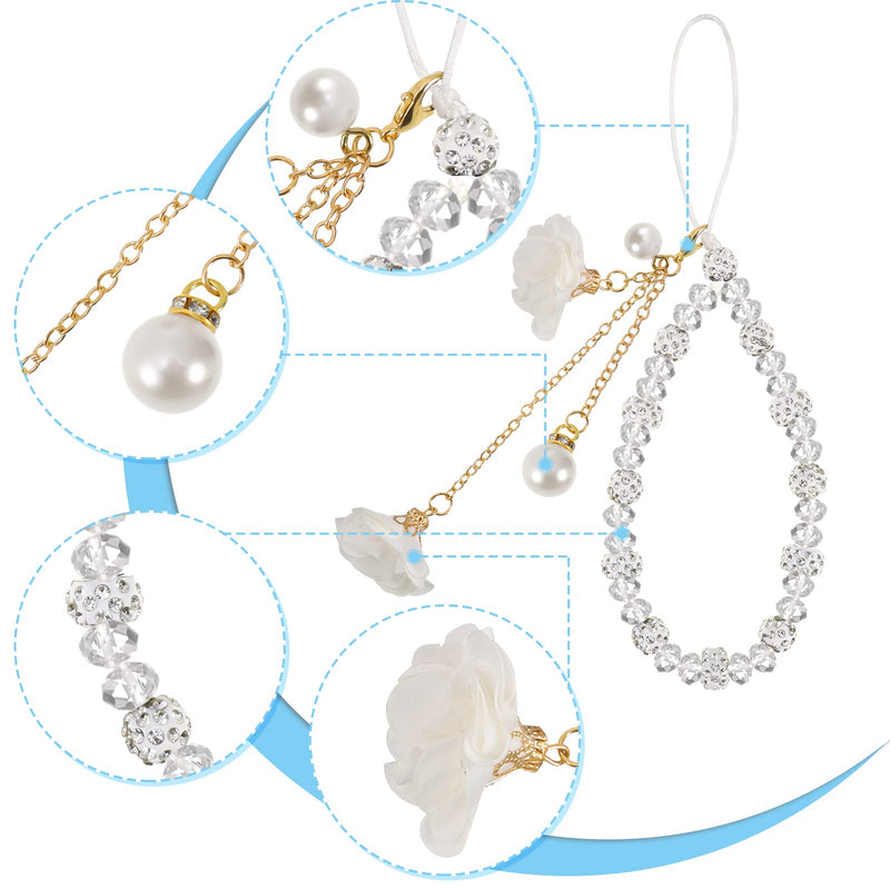 Phone Charm String Phone Chain Strap Cute Keychains Beaded Phone Strap Cell Phone Charms Beaded Lanyard Kawaii Creative Crystal Flower Pendant（White） GBYBY5768