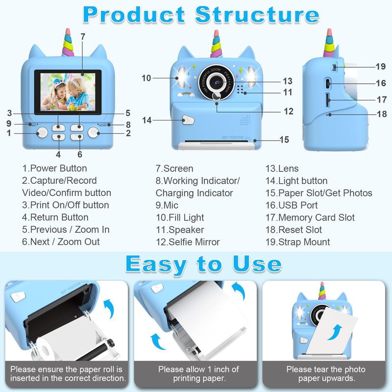 Instant Print Camera for Kids - Christmas Birthday Gift Toy for Girl Boy Age 3-9, Children Selfie Digital Cameras with Cartoon Soft Silicone Cover, Print Black White Photo with 32GB Card (Blue) Blue