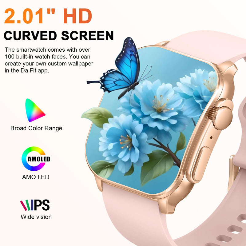 Smart Watch for Women, 2.01" AMOLED Curved Display Fitness Tracker with Answer/Make Calls, 100+ Sport Modes, 24/7 Heart Rate/Sleep Monitor/Pedometer, IP68 Waterproof SmartWatch, for Android iOS Pink