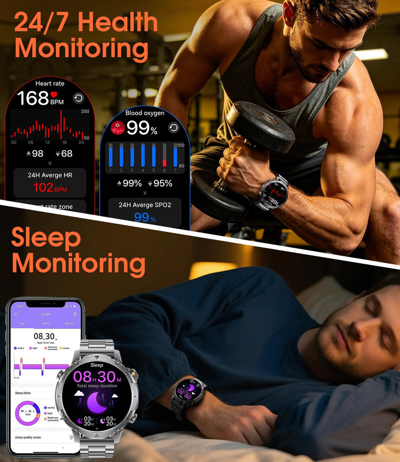 SUNKTA Military Smartwatch for Men 1400mAh Ultra Battery Fitness Smart Watch Answer/Make Calls, Heart Rate,Sleep Tracker, 100+Sports Mode, IP68 Waterproof Smartwatch for Android iPhone(2 Bands) Black