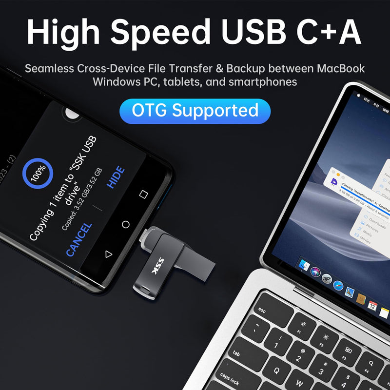 SSK 128GB Flash Drive up to 450MB/s Thumb Drive USB C+A 3.2 Memory Stick | Support OTG,Dual Connection,USB Keychain,1GB in 2.3s,2 in 1 Pendrive for iPhone 15/16/17/Android/Laptop,Zinc Alloy Keyhole