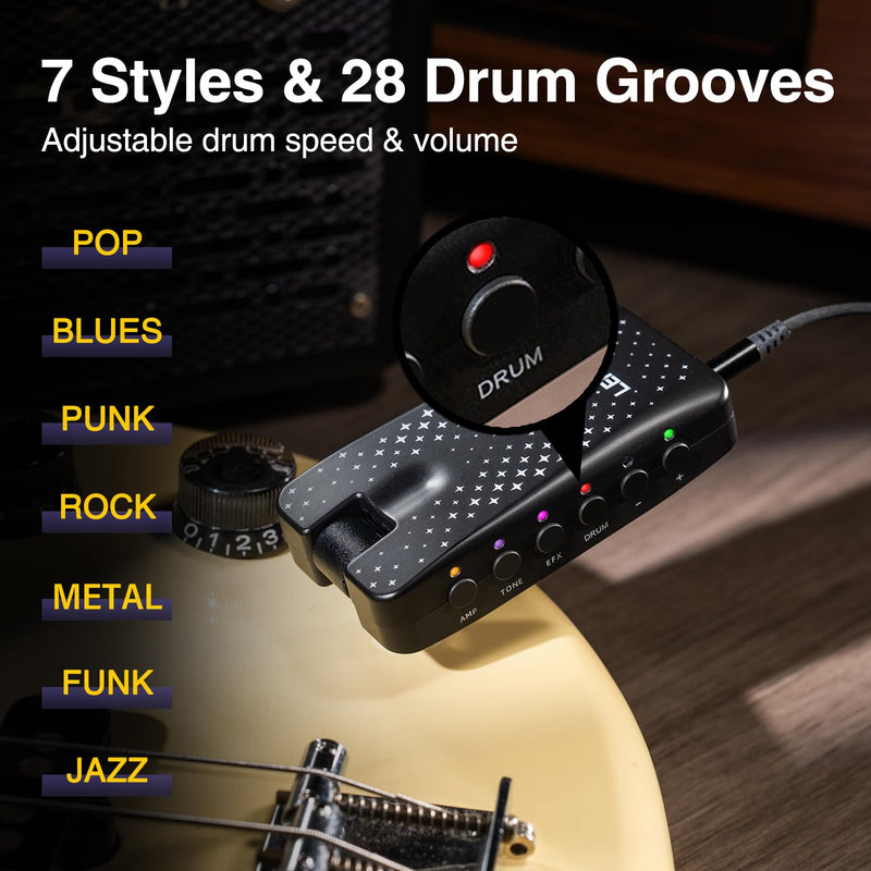 Guitar Headphone Amp, LEKATO Headphones Amplifier for Electric Guitar and Bass, Features 28 Drum Grooves, 14 Effects, 14 Amp Models, Built-in Bluetooth Streaming, OTG Recording, USB Rechargeable Black-Stars