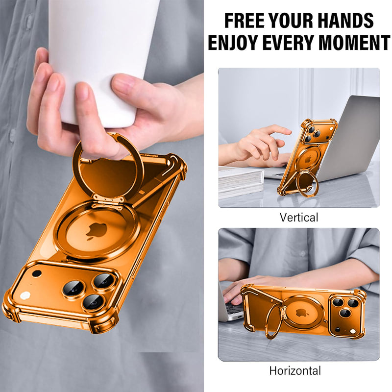 Omio for iPhone 17 Pro Max Bumper Case Compatible with MagSafe, Magnetic Kickstand Slim Aluminum Metal Frameless Borderless Minimalist Design Z Case Shockproof Stand Cover for Men, Orange