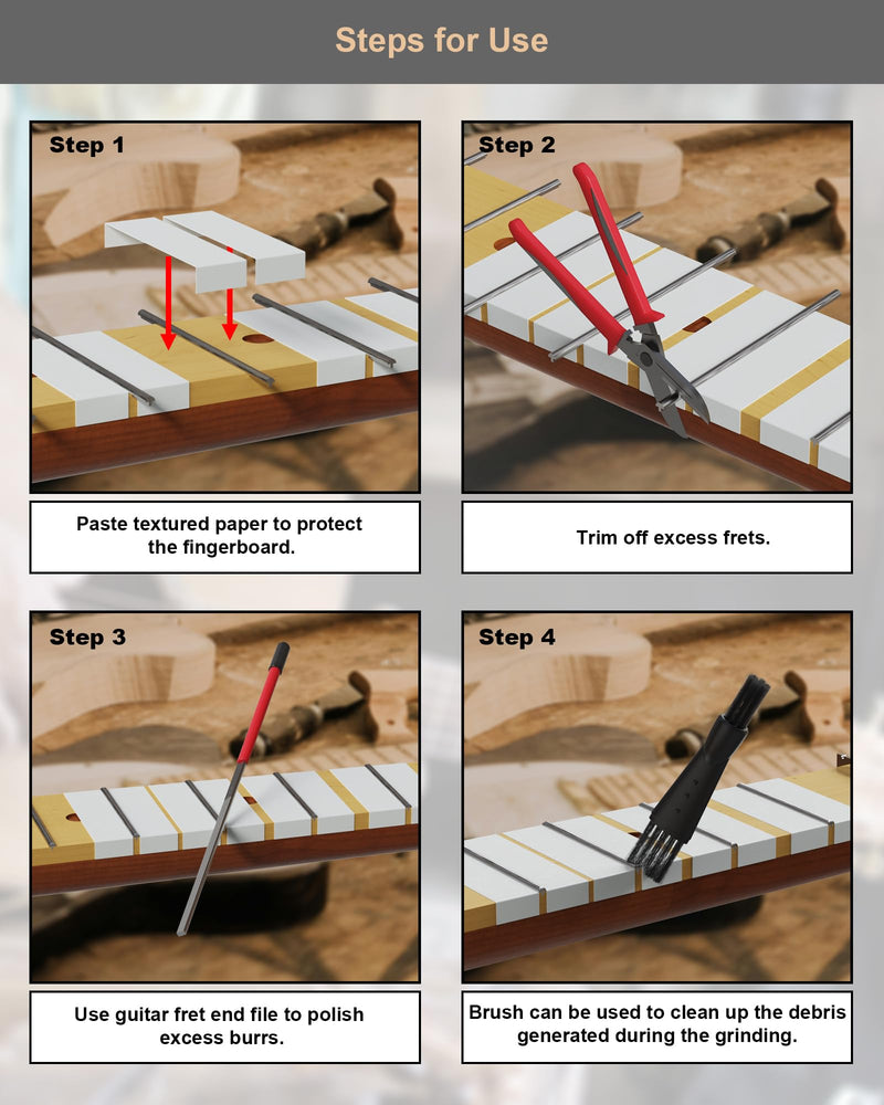 Fret End File, Fix Sharp Fret End Dressing File, Double-Side Guitar Fret Files for Rounding, Shaping, and Deburring, Works on All Frets, with Clean Brush